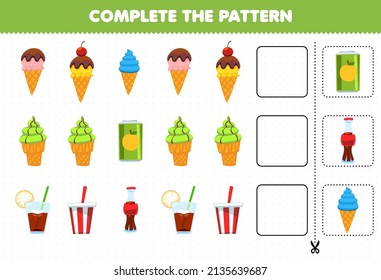 Education game for children complete the pattern logical thinking find the regularity and continue the row task with ice cream and soft drink