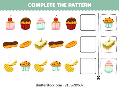 Education game for children complete the pattern logical thinking find the regularity and continue the row task with food and snack cupcake bread sandwich chip muffin