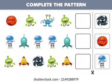 Education game for children complete the pattern logical thinking find the regularity and continue the row task with cute cartoon solar system mars planet alien astronaut rocket black hole