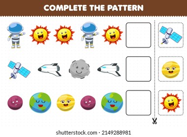 Education game for children complete the pattern logical thinking find the regularity and continue the row task with cute cartoon solar system astronaut sun satellite spaceship moon earth planet