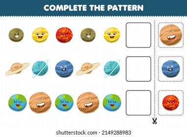 Education game for children complete the pattern logical thinking find the regularity and continue the row task with cute cartoon solar system mars saturn uranus neptune earth planet