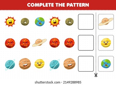 Education game for children complete the pattern logical thinking find the regularity and continue the row task with cute cartoon solar system sun earth mars saturn uranus planet