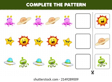 Education game for children complete the pattern logical thinking find the regularity and continue the row task with cute cartoon solar system alien saturn star sun ufo alien