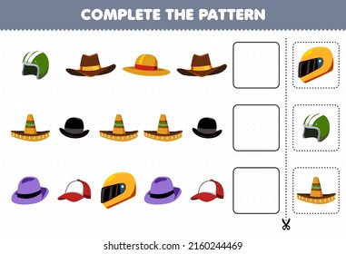 Education game for children complete the pattern logical thinking find the regularity and continue the row task with cartoon wearable clothes helm cowboy hat sombrero cap fedora