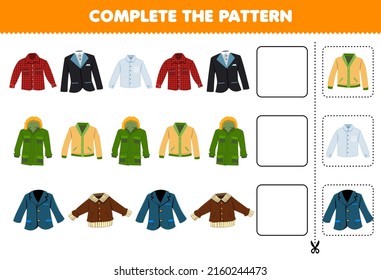 Education game for children complete the pattern logical thinking find the regularity and continue the row task with cartoon wearable clothes flannel tuxedo suit jacket cardigan blazer