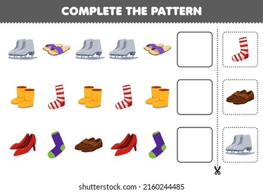 Education game for children complete the pattern logical thinking find the regularity and continue the row task with cartoon wearable clothes ice skater slipper boot shoes heel socks