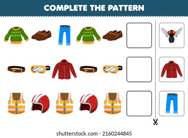 Education game for children complete the pattern logical thinking find the regularity and continue the row task with cartoon wearable clothes sweater shoes jean belt flannel emergency vest helm