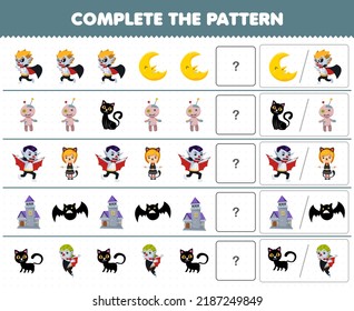 Education game for children complete the pattern by guess the correct picture of cute cartoon dracula costume halloween printable worksheet