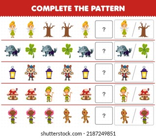 Education game for children complete the pattern by guess the correct picture of cute cartoon werewolf dwarfs fairy costume halloween printable worksheet