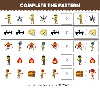 Education game for children complete the pattern by guess the correct picture of cute cartoon mummy costume halloween printable worksheet