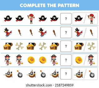 Education game for children complete the pattern by guess the correct picture of cute cartoon pirate costume halloween printable worksheet