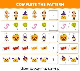 Education game for children complete the pattern by guess the correct picture of cute cartoon candy pumpkin boy costume halloween printable worksheet