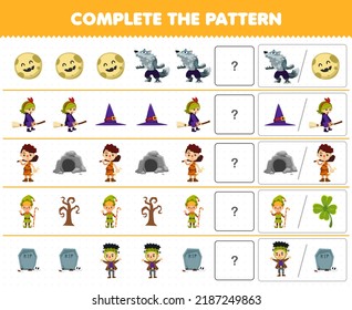 Education game for children complete the pattern by guess the correct picture of cute cartoon werewolf witch caveman dwarfs frankenstein costume halloween printable worksheet