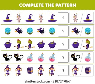 Education game for children complete the pattern by guess the correct picture of cute cartoon witch costume halloween printable worksheet