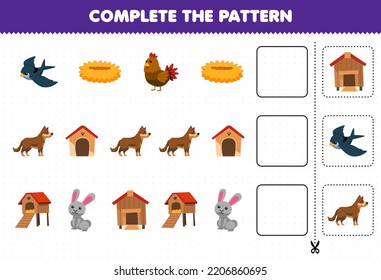 Education Game For Children Complete The Pattern Logical Thinking Find The Regularity And Continue The Row Task With Cartoon Bird Nest Chicken Coop Dog Kennel Rabbit Hutch