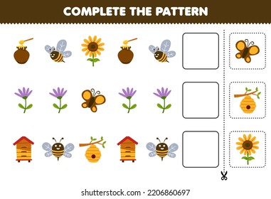 Education game for children complete the pattern logical thinking find the regularity and continue the row task with cartoon beehive bee sunflower butterfly honey