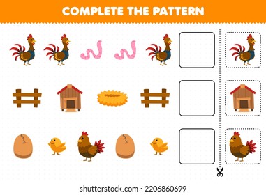 Education game for children complete the pattern logical thinking find the regularity and continue the row task with cartoon chicken hen chick rooster worm coop nest fence