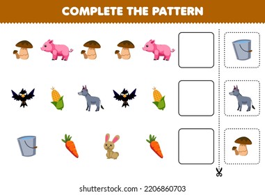 Education Game For Children Complete The Pattern Logical Thinking Find The Regularity And Continue The Row Task With Cartoon Mushroom Pig Crow Corn Donkey Bucket Carrot Rabbit