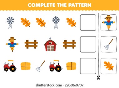 Education game for children complete the pattern logical thinking find the regularity and continue the row task with cartoon windmill leaf scarecrow fence barn tractor hay rake