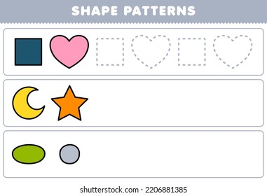 Education Game For Children Complete The Pattern From Square Heart Crescent Star Oval Circle Geometric Shapes Worksheet