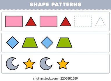 Education game for children complete the pattern from rectangle triangle rhombus trapezoid crescent star geometric shapes worksheet