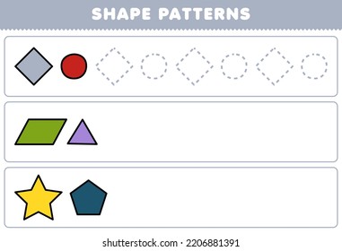 Education game for children complete the pattern from rhombus circle parallelogram triangle star pentagon geometric shapes worksheet