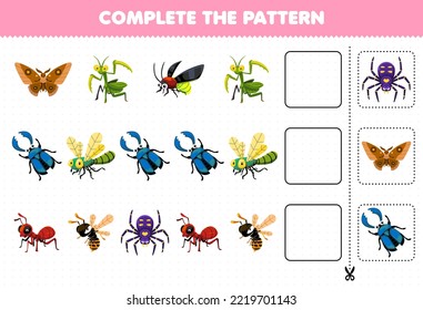 Education game for children complete the pattern of cute cartoon butterfly mantis firefly beetle dragonfly ant bee spider printable bug worksheet