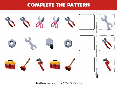 Education game for children complete the pattern for cute cartoon pliers scissor nut spanner bolt toolbox wrench printable worksheet