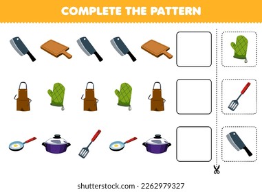 Education game for children complete the pattern for cute cartoon knife chopping board apron oven glove frying pan pot printable worksheet