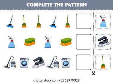 Education game for children complete the pattern for cute cartoon mop broom sprayer brush vacuum cleaner washing machine iron printable worksheet