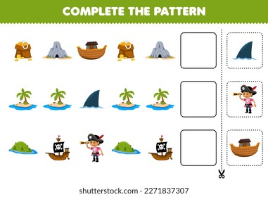 Education game for children complete the pattern of cute cartoon treasure cave ship island printable pirate worksheet