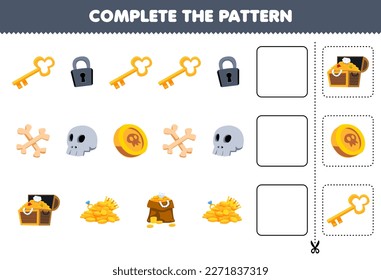 Education game for children complete the pattern of cute cartoon padlock key skull bone treasure chest coin printable pirate worksheet