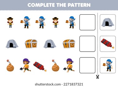 Erziehungsspiel für Kinder vervollständigen das Muster des süßen Cartoon-Junge-Grotte-Bombe-Dynamitdruckpapier Pirat-Arbeitsblatt