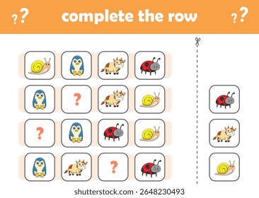 Jogo de educação para crianças completar o padrão. Animais selvagens bonitos. Ilustração de vetor
