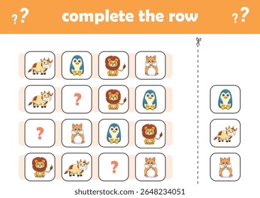 Jogo de educação para crianças completar o padrão. Animais selvagens bonitos. Ilustração de vetor