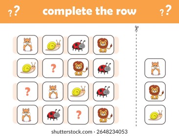 Education game for children complete the pattern. Cute wIld animals. Vector Illustration