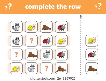 Jogo de educação para crianças completar o padrão. Animais selvagens bonitos. Ilustração de vetor
