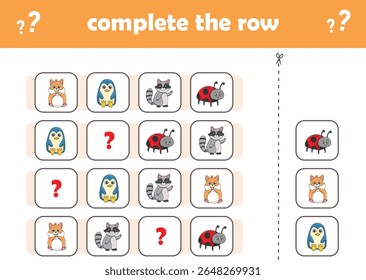 Jogo de educação para crianças completar o padrão. Animais selvagens bonitos. Ilustração de vetor
