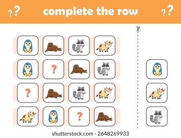 Jogo de educação para crianças completar o padrão. Animais selvagens bonitos. Ilustração de vetor
