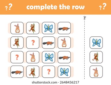 Education game for children complete the pattern. Cute wIld animals. Vector Illustration