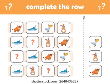 Jogo de educação para crianças completar o padrão. Animais selvagens bonitos. Ilustração de vetor