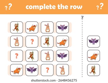 Jogo de educação para crianças completar o padrão. Animais selvagens bonitos. Ilustração de vetor