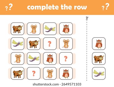 Jogo de educação para crianças completar o padrão. Animais selvagens bonitos. Ilustração de vetor