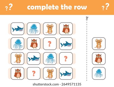Jogo de educação para crianças completar o padrão. Animais selvagens bonitos. Ilustração de vetor