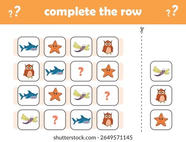 Education game for children complete the pattern. Cute wIld animals. Vector Illustration