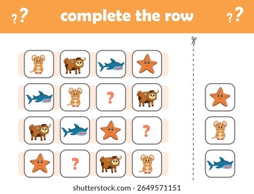 Jogo de educação para crianças completar o padrão. Animais selvagens bonitos. Ilustração de vetor