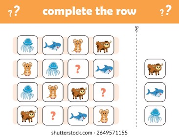Jogo de educação para crianças completar o padrão. Animais selvagens bonitos. Ilustração de vetor