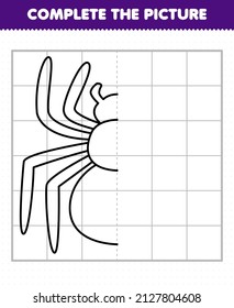 Education game for children complete the picture cute spider head half outline for drawing