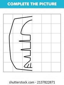 Education game for children complete the picture cute cartoon prehistoric fish fossil half outline for drawing