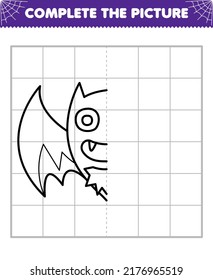 Education Game For Children Complete The Picture Of Cute Cartoon Halloween Bat Half Outline For Drawing Printable Worksheet